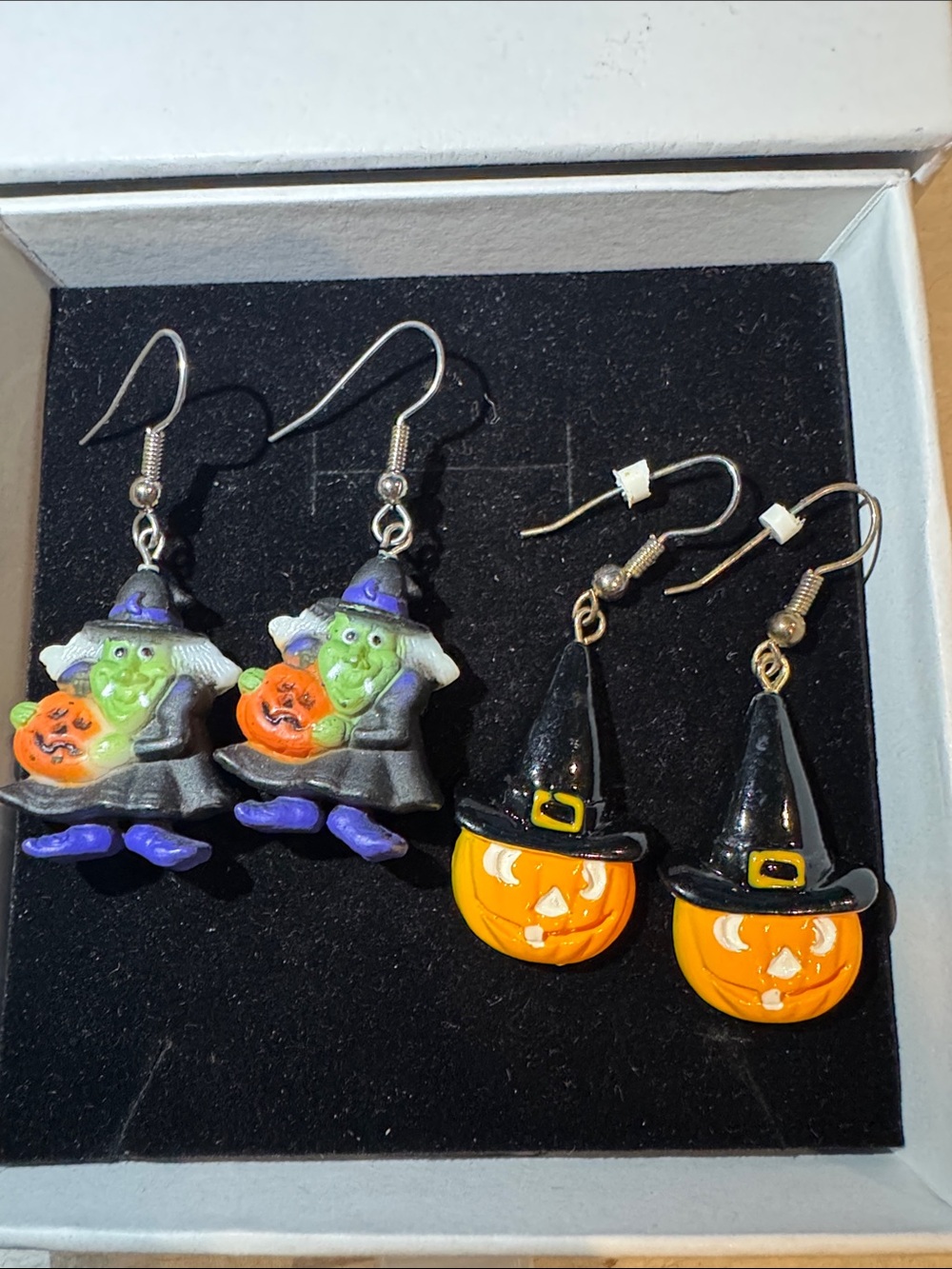 Halloween Witch and Pumpkin Drop Earrings - Green & Orange